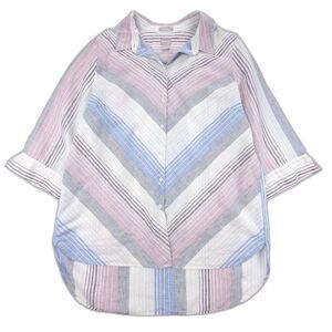 CHICOS No Iron 100% Linen Stripe Shirttail Hem Tunic Button Up Shirt Plus 16 18